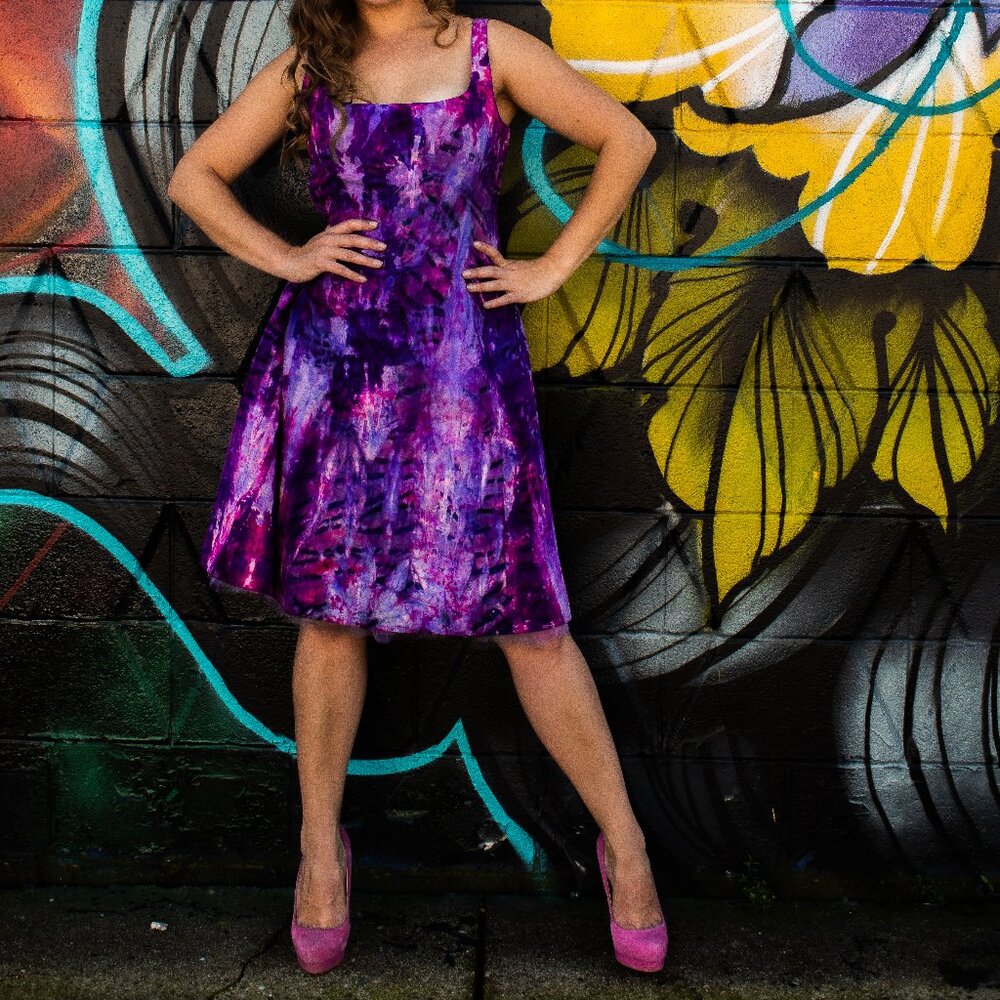 Silk Short Dress 8 10 12 bridesmaid party tie dyed purple pink blue black petite